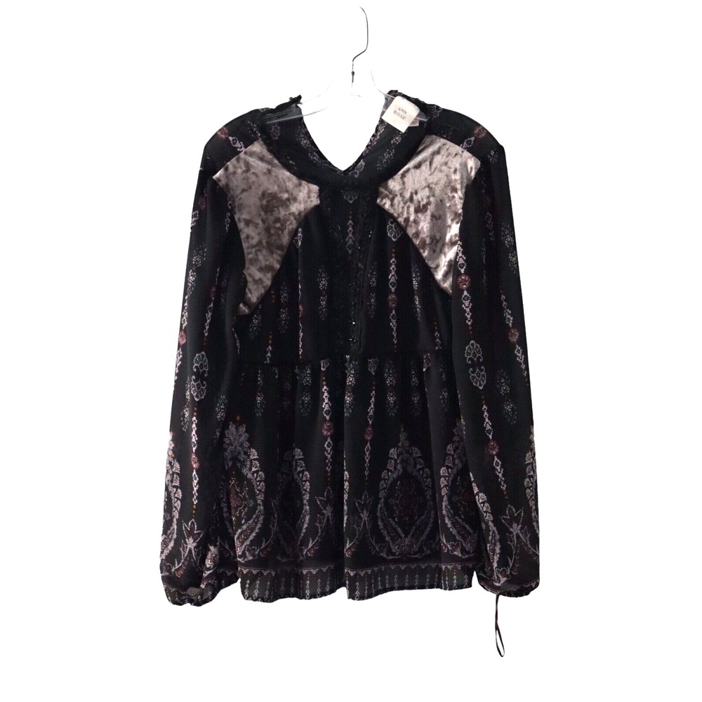 KNOX ROSE Sheer Blouse Top Women's Medium Black Bell‎ Sleeve Lace Paisley Ruffle